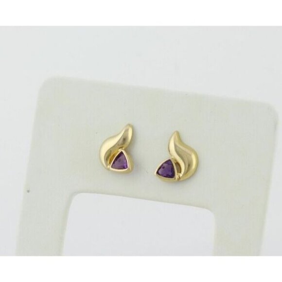 14k Yellow Gold Amethyst Earrings Stud Post - Picture 5 of 8
